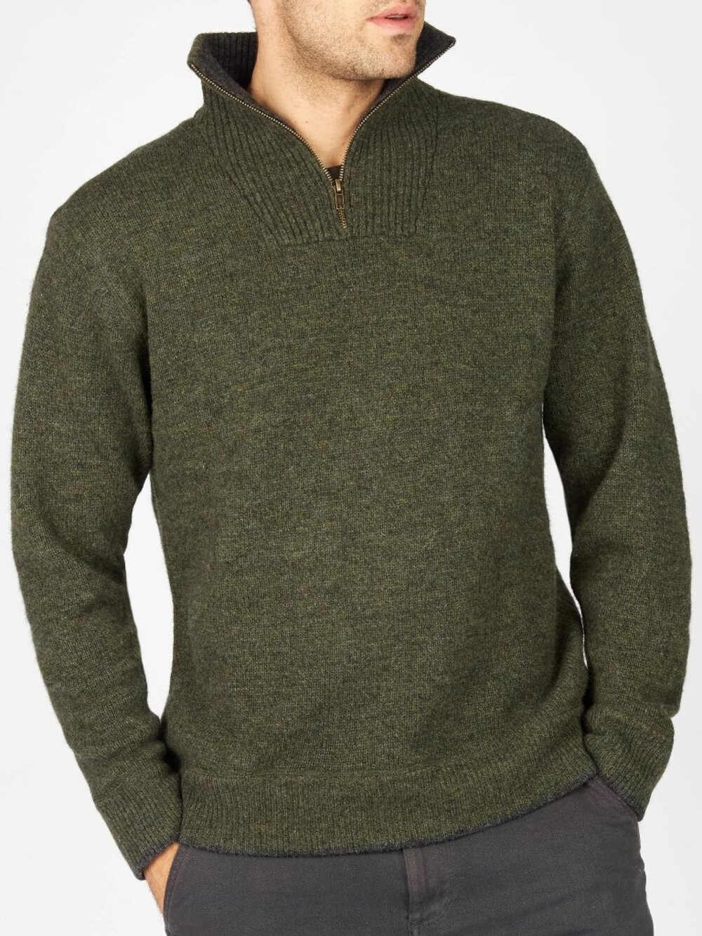 Irelands Eye Knitwear Lambswool Quarter-Zip Sweater Green Marl Size Small